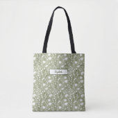 Tote Bag Nom Monogramme Initiales Vert Sauge Blanc Floral (Devant)