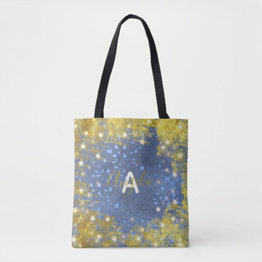 Tote Bag Nom Monogramme Pailleté Faux Paillettes Bleu & Or (Devant)