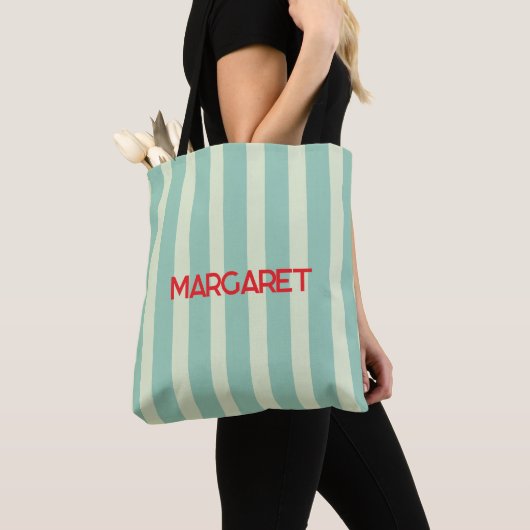 Tote Bag Nom monogramme rayures blanches bleues (De près)