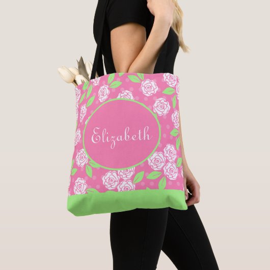 Tote Bag Nom monogramme Rose Floral Vert Shabby Chic (De près)