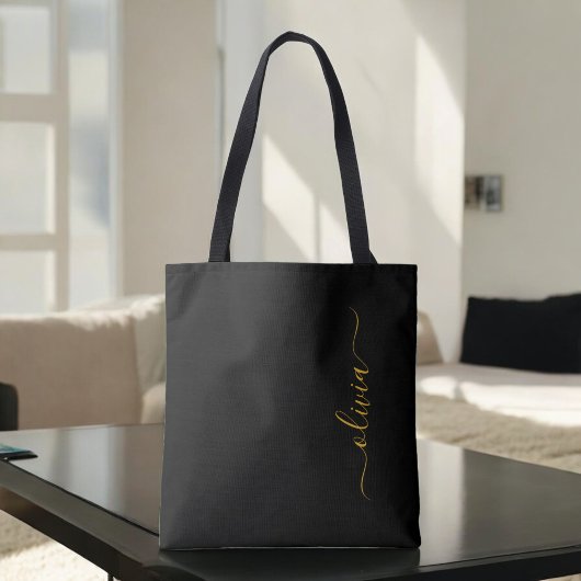 Tote Bag Nom Or Noir Monogramme Féminin Moderne Script Blan