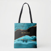 Tote Bag Nom Or sur Agate Noir, Or et Turquoise (Devant)
