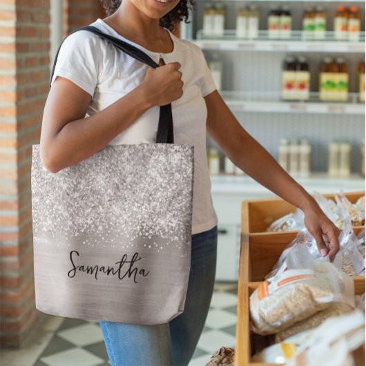 Tote Bag Nom Pailleté Argent Glam
