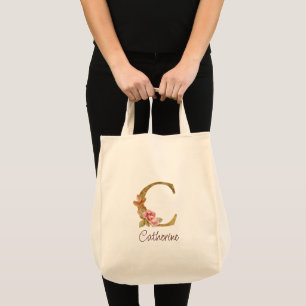 Tote Bag Nom personnalisé Blush Rose rose lettre C en or
