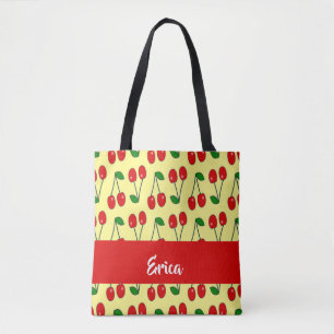 Tote Bag Nom personnalisé cerises rouges sur jaune