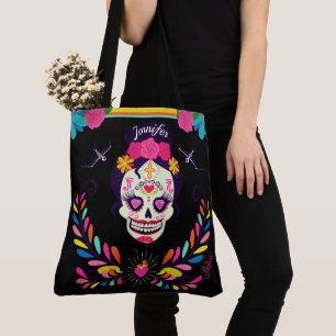 Tote Bag Nom personnalisé Crâne de sucre Jour de l'Hallowee