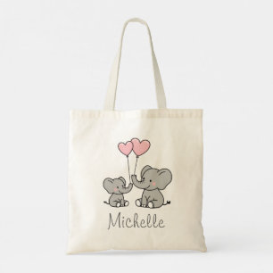Tote Bag Nom personnalisé Cute Elephant Maman & Baby Pink