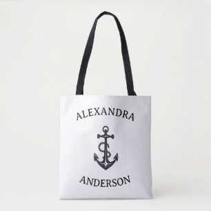 Tote Bag Nom personnalisé de l'Ancre minimaliste noir et bl