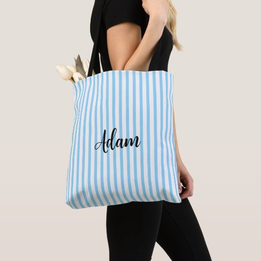 Tote Bag Nom personnalisé écriture rayure bleu blanc (De près)