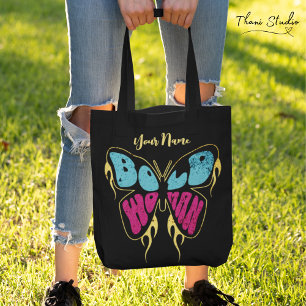 Tote Bag Nom personnalisé Femme audacieuse Papillon rustiqu