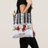 Tote Bag nom personnalisé fleurs bordeaux notes musique pia (De près)