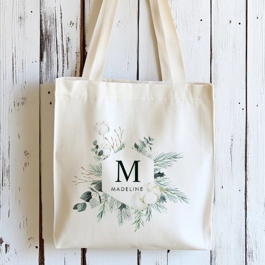 Tote Bag Nom personnalisé Fleurs de coton et feuillage pers