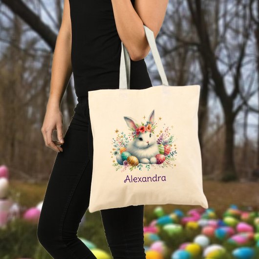 Tote Bag Nom personnalisé Fleurs de lapin Chasse aux oeufs 