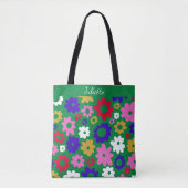 Tote Bag Nom personnalisé Fleurs vertes rétros Vibrant (Devant)
