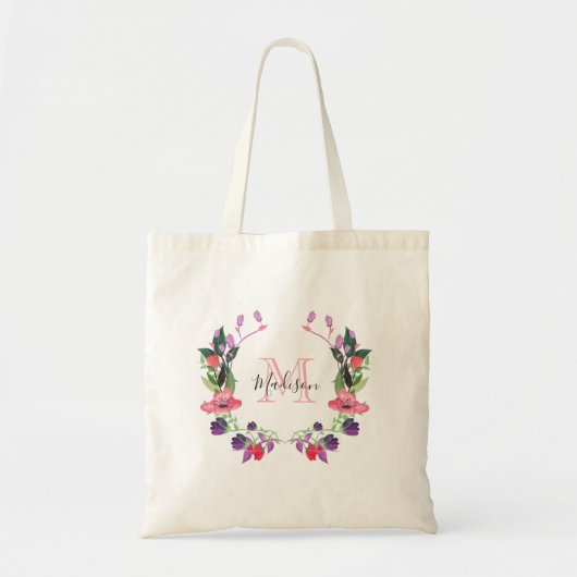 Tote Bag Nom personnalisé floral de monogramme (Devant)