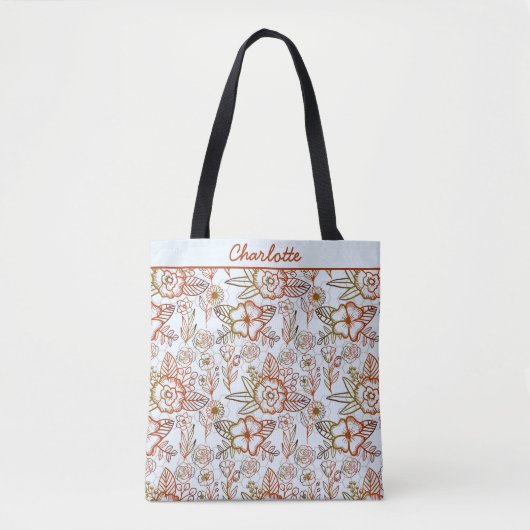 Tote Bag Nom personnalisé Floral sans couture motif orange (Devant)