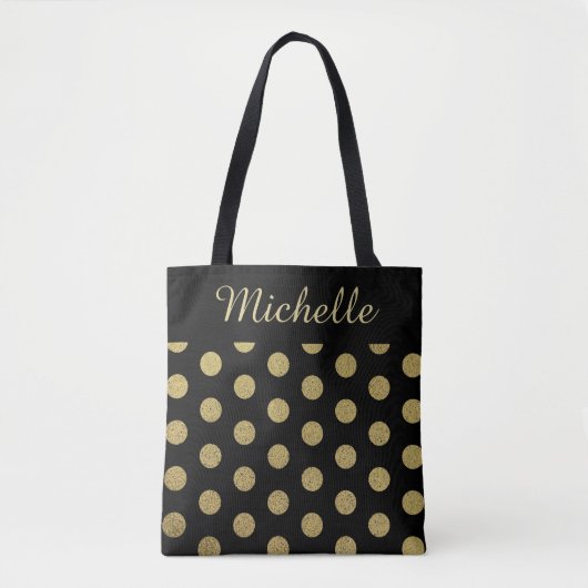 Tote Bag Nom personnalisé Gold Polka Point Noir (Devant)