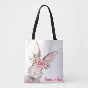 Tote Bag Nom personnalisé Lapin Rabbit fille rose
