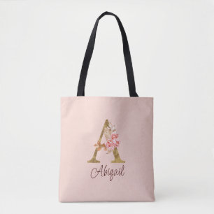 Tote Bag Nom personnalisé Lettre A Rose Blush Rose Feuille 