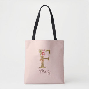 Tote Bag Nom personnalisé Lettre F Rose Blush Feuille d'Or