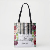 Tote Bag nom personnalisé marsala fleurs notes musicales (Devant)