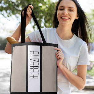 Tote Bag Nom personnalisé minimaliste moderne Tan Stripes