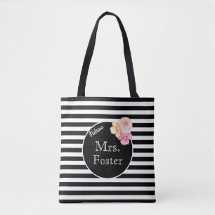 Tote Bag Nom personnalisé Mme avec bandes noires et blanche