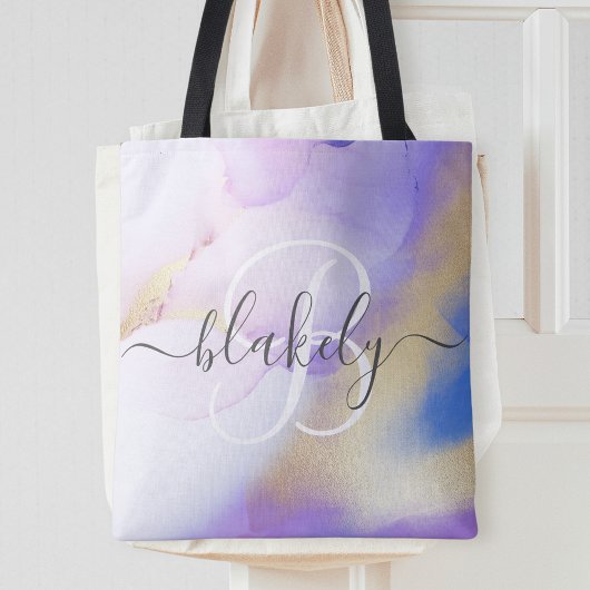 Tote Bag Nom personnalisé Monogramme Aquarelle violette