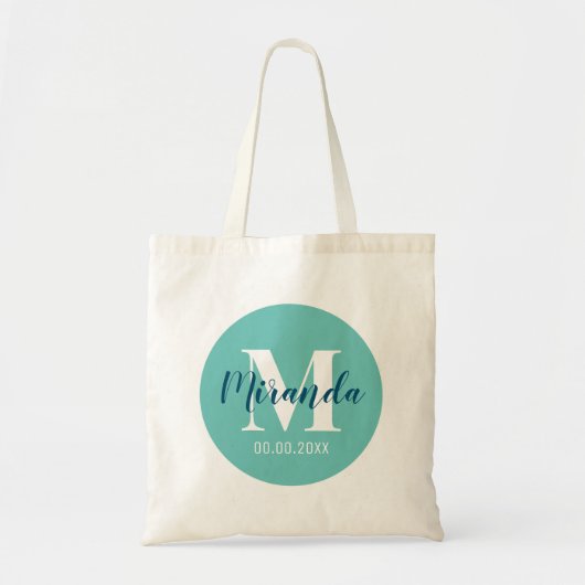 Tote Bag Nom personnalisé monogramme élégant bleu turquoise (Devant)