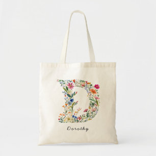 Tote Bag Nom personnalisé & Monogramme floral 'D'