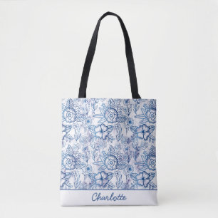 Tote Bag Nom personnalisé motif floral bleu transparent