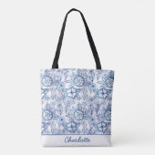 Tote Bag Nom personnalisé motif floral bleu transparent (Dos)