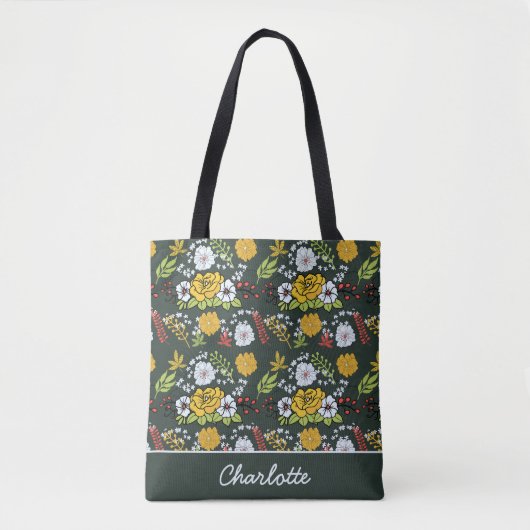 Tote Bag Nom personnalisé motif floral coloré (Devant)