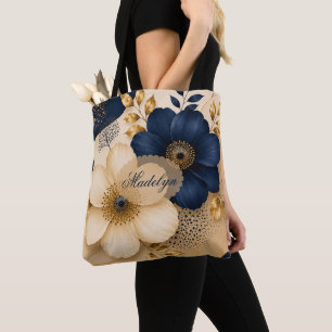 Tote Bag Nom personnalisé Navy Bleu Nuit & Or Botanique Flo