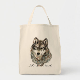 Tote Bag Nom personnalisé ou texte Loup aquarelle animal