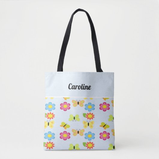 Tote Bag Nom personnalisé papillons et fleurs bleu motif (Devant)