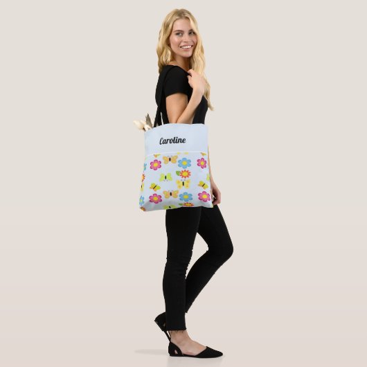 Tote Bag Nom personnalisé papillons et fleurs bleu motif (Sur le modèle)