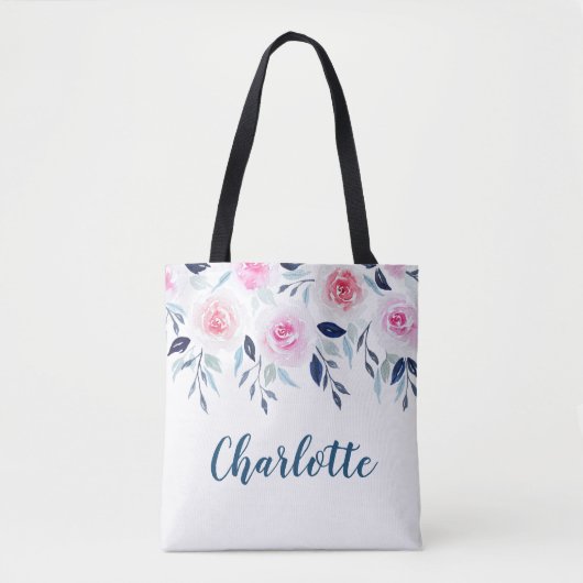 Tote Bag Nom personnalisé par aquarelle rose florale de (Devant)