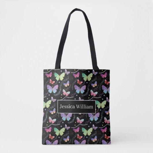 Tote Bag Nom personnel Élégant Papillons violets brillants (Devant)