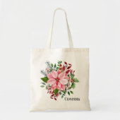 Tote Bag Nom, Poinsettia rose Berries & Green Foliing (Devant)