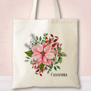 Tote Bag Nom, Poinsettia rose Berries & Green Foliing