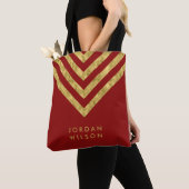 Tote Bag Nom rouge élégant Chevron d'or de Faux géométrique (De près)