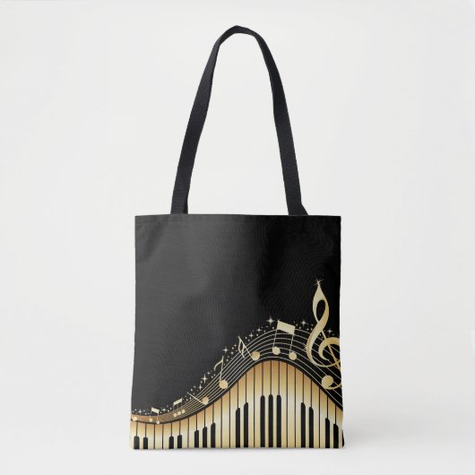 Tote Bag Notes musicales Arrière - plan Noir Et Or (Devant)