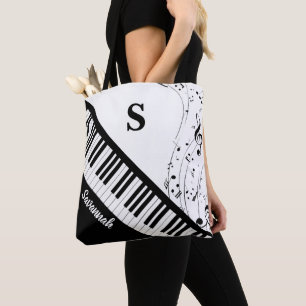 Tote Bag Notes musicales de piano moderne Monogramme Nom No