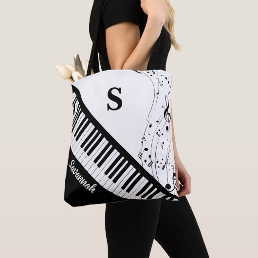 Tote Bag Notes musicales de piano moderne Monogramme Nom No (De près)