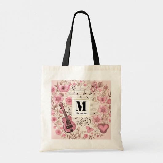 Tote Bag Notes musicales et fleurs Style rétro Monogramme (Dos)