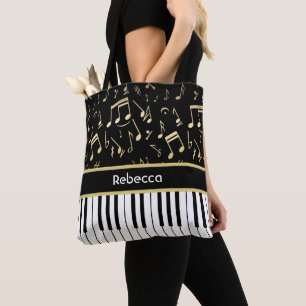 Tote Bag Notes musicales et touches de piano Noir et Or