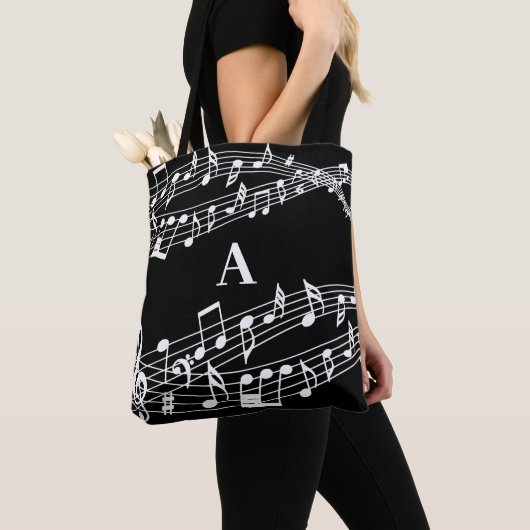 Tote Bag Notes musicales personnalisées Monogramme noir et (De près)
