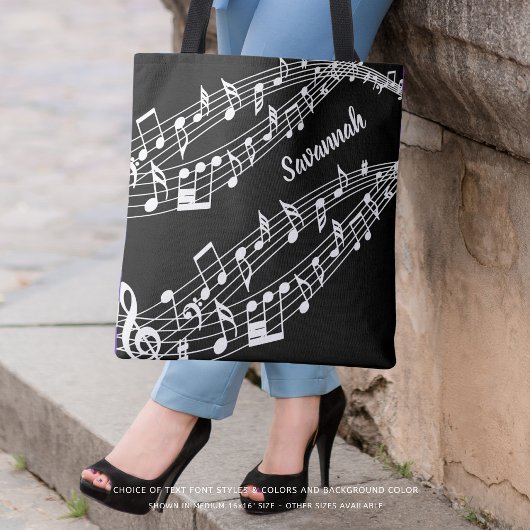 Tote Bag Notes musicales personnalisées Nom noir et blanc