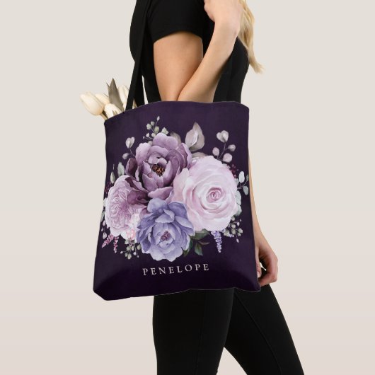 Tote Bag Nuances de pourpre Dusty Blooms Bridesmaid (De près)